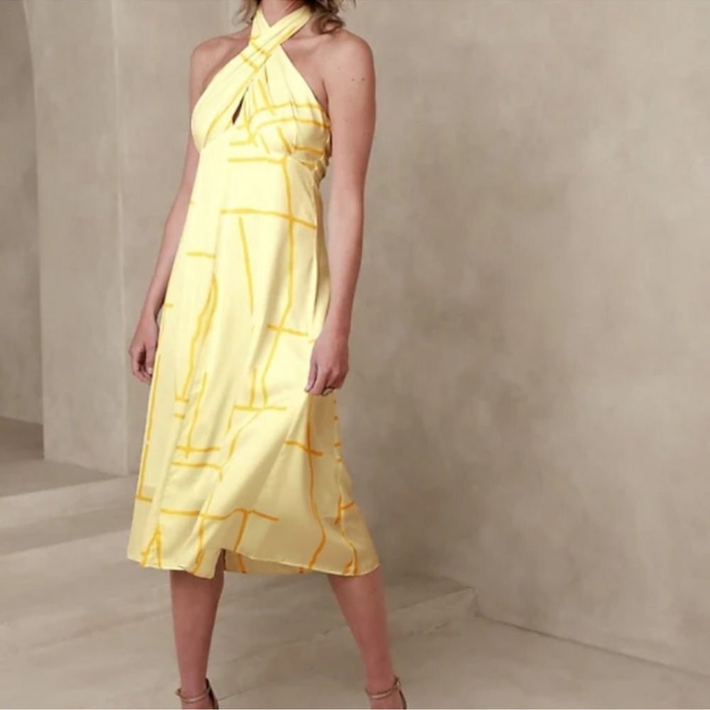 Banana Republic Yellow Halter Midi Dress with Gold Graphic Lines